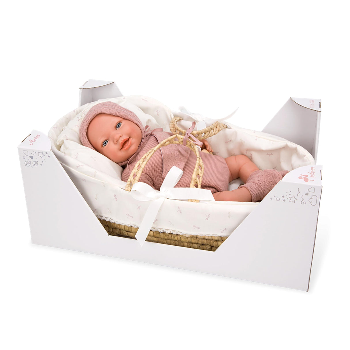 ARIAS - Muñeca Reborn Avana de 45 cm con Canastilla Mimbre, Bebé Realista con Ropita Rosa, Chupete y Chupetero, Extremidades de Vinyl y Cuerpo Blando, Juguete para Niños y Niñas +3 años (ARI98122)