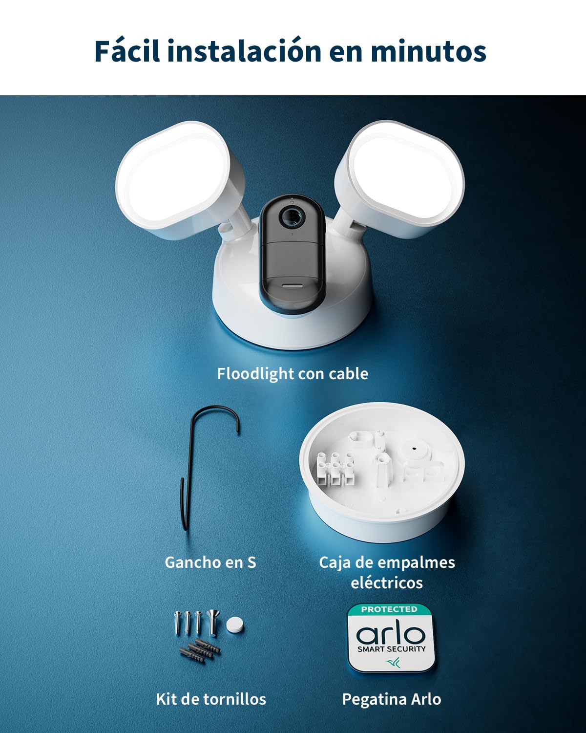 Arlo Floodlight 2K, Cámara Wi-Fi para Exteriores, Calidad 2K HDR, Gran Angular de 160°, visión Nocturna en Color, Sirena de Alarma, comunicación bidireccional, Prueba de Arlo Secure, 1 cámara