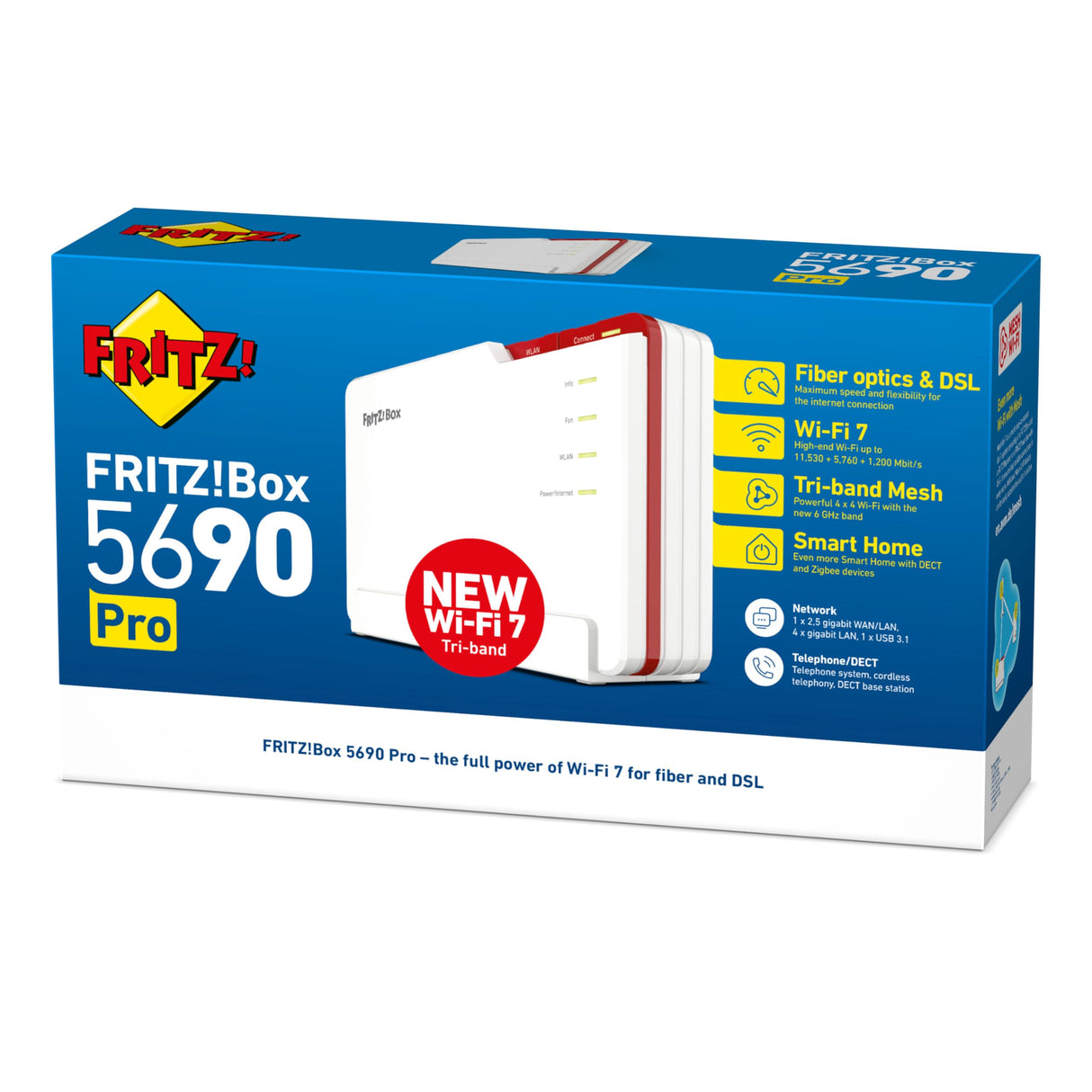 AVM FRITZ!Box 5690 Pro International - Router, WiFi 7, TriBanda con hasta 18,5 Gbps, Mesh, WAN 2,5Gb, 4 x LAN Gigabit, 1 x USB 3.1, Base DECT, Servidor Multimedia, Interfaz en Español