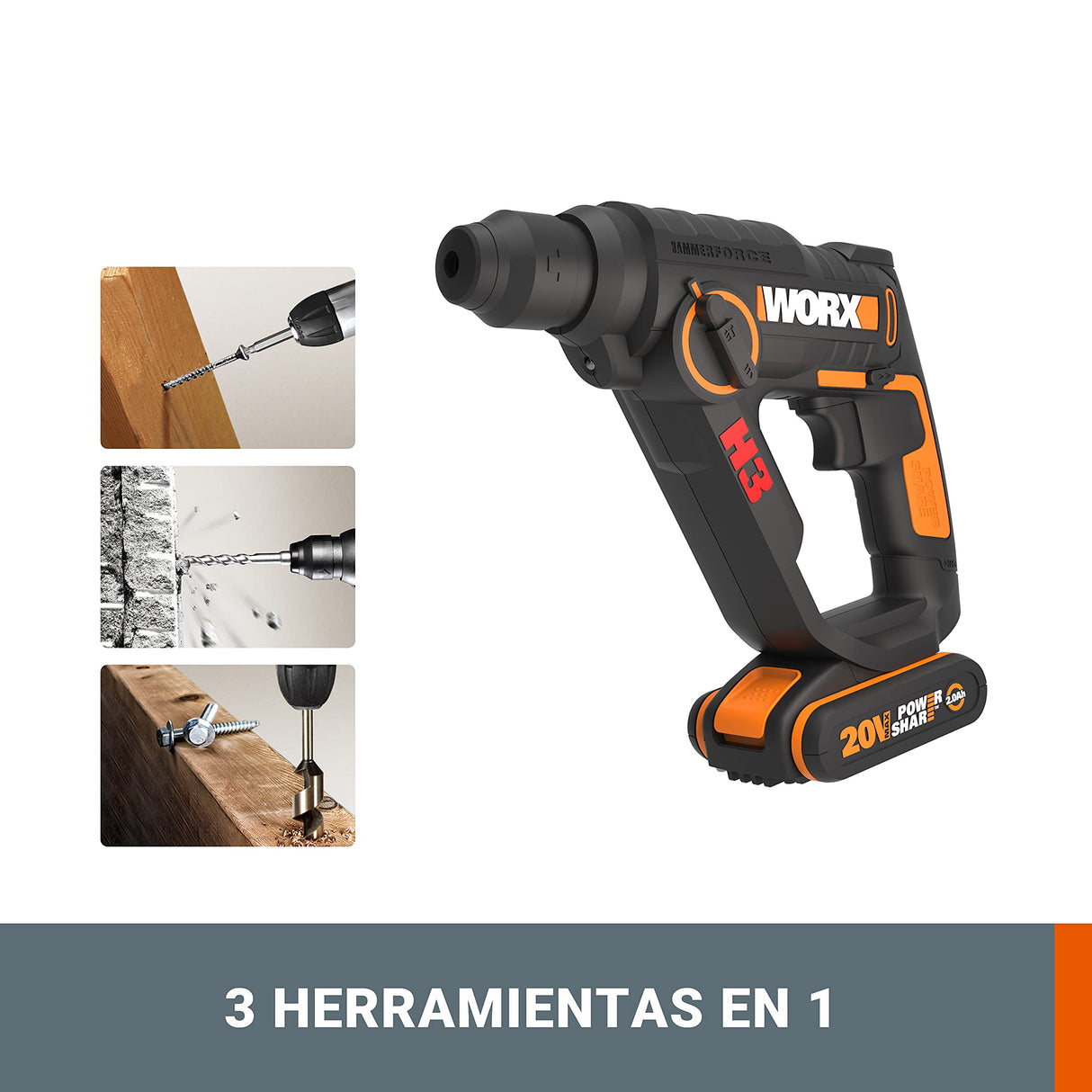 WORX H3 Martillo perforador sds plus 20V Máx. | WX390.1 | PowerShare | Incluye 2 baterías 2Ah, cargador y maletín | 1,2J | Velocidad variable | Ligero y compacto | Válido para mampostería y hormigón