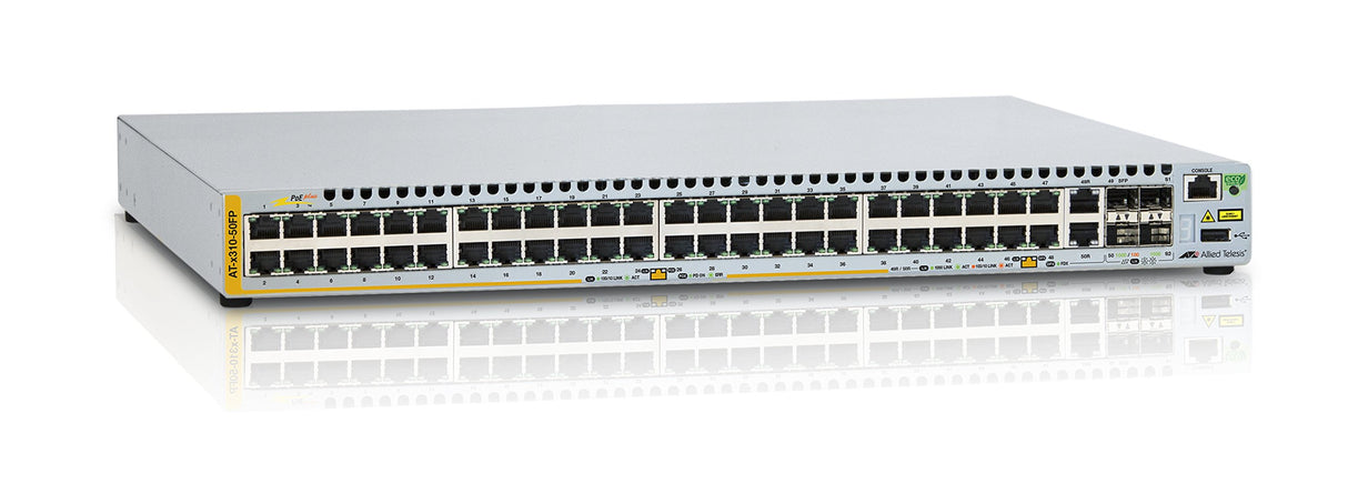 Allied Telesis AT-x310-50FP-50 | 48-Port 10/100BASE-T PoE+, 2 Combo Ports (100/1000X SFP or 10/100/1000T), 2 Stacking Ports, Single Fixed PSU