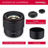 Samyang AF 75 mm F1.8 para Fuji X - lente para retratos liviana y compacta con LSTM-AF, protección contra la intemperie e interruptor personalizado para tomas nocturnas y de viaje