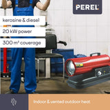 Perel Calefactor de aire forzado diesel portátil, calefactor de queroseno para interiores y exteriores, obras, talleres, garajes, calefactores industriales, bajo consumo de combustible, seguridad