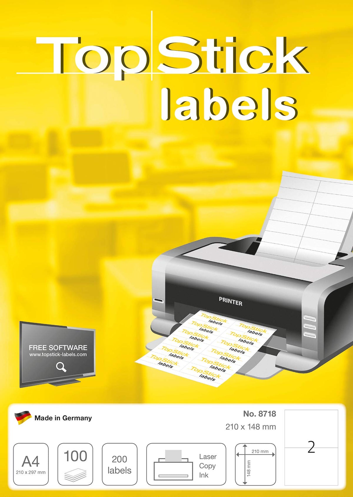 TopStick 8718 Etiquetas universales A4 grande, paquete de 10 (210 x 148 mm, 1000 hojas, papel, mate) autoadhesivas, imprimible, pegatinas de dirección permanentes, 2000 adhesivos blancas