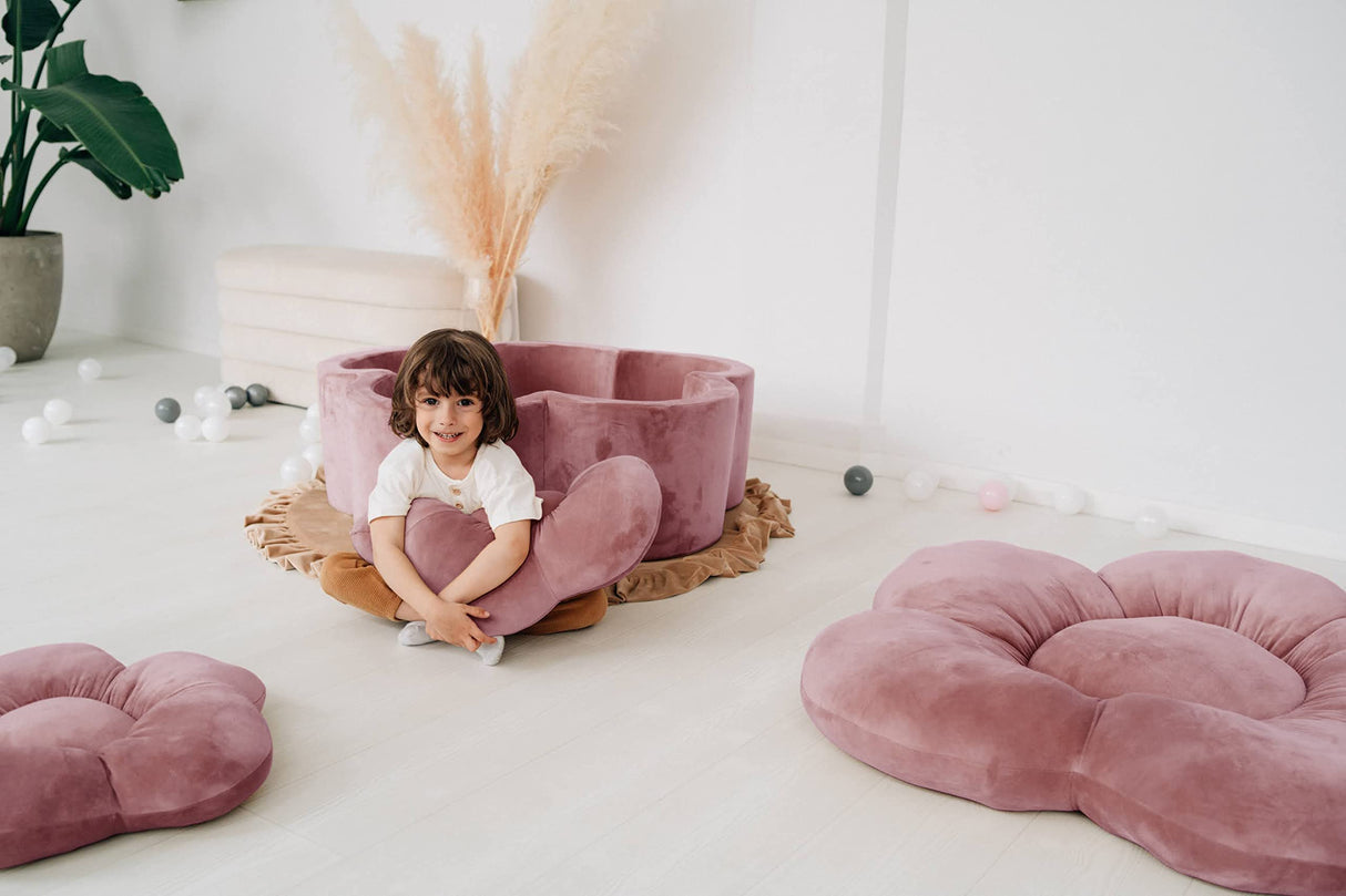 OLIFANT TOYS Juego de 3 Cojines de Suelo en Forma de Flor, Cojines, Asiento cómodos y afelpados, para el salón, decoración única, Almohadillas Suaves, Terciopelo, 2 x Ø 55 cm; 1 x Ø 98 cm, Rosa