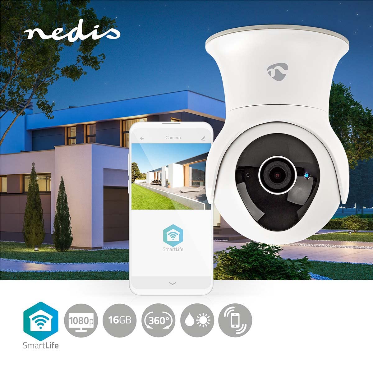 Nedis cámara para Exteriores SmartLife - Sistema de Seguridad para Exteriores con Sensor de Movimiento - wi fi, Full HD 1080p, Modo de visión Nocturna, Memoria Interna (16 GB), IP65 - Blanco