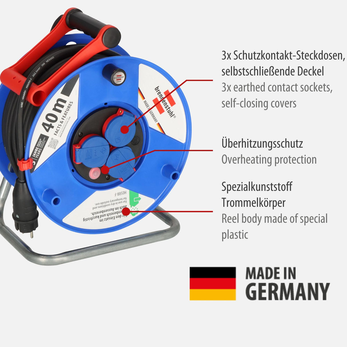 Brennenstuhl Garant enrollacables 40 m de plástico especial IP44 (uso exterior a corto plazo, Made in Germany) azul