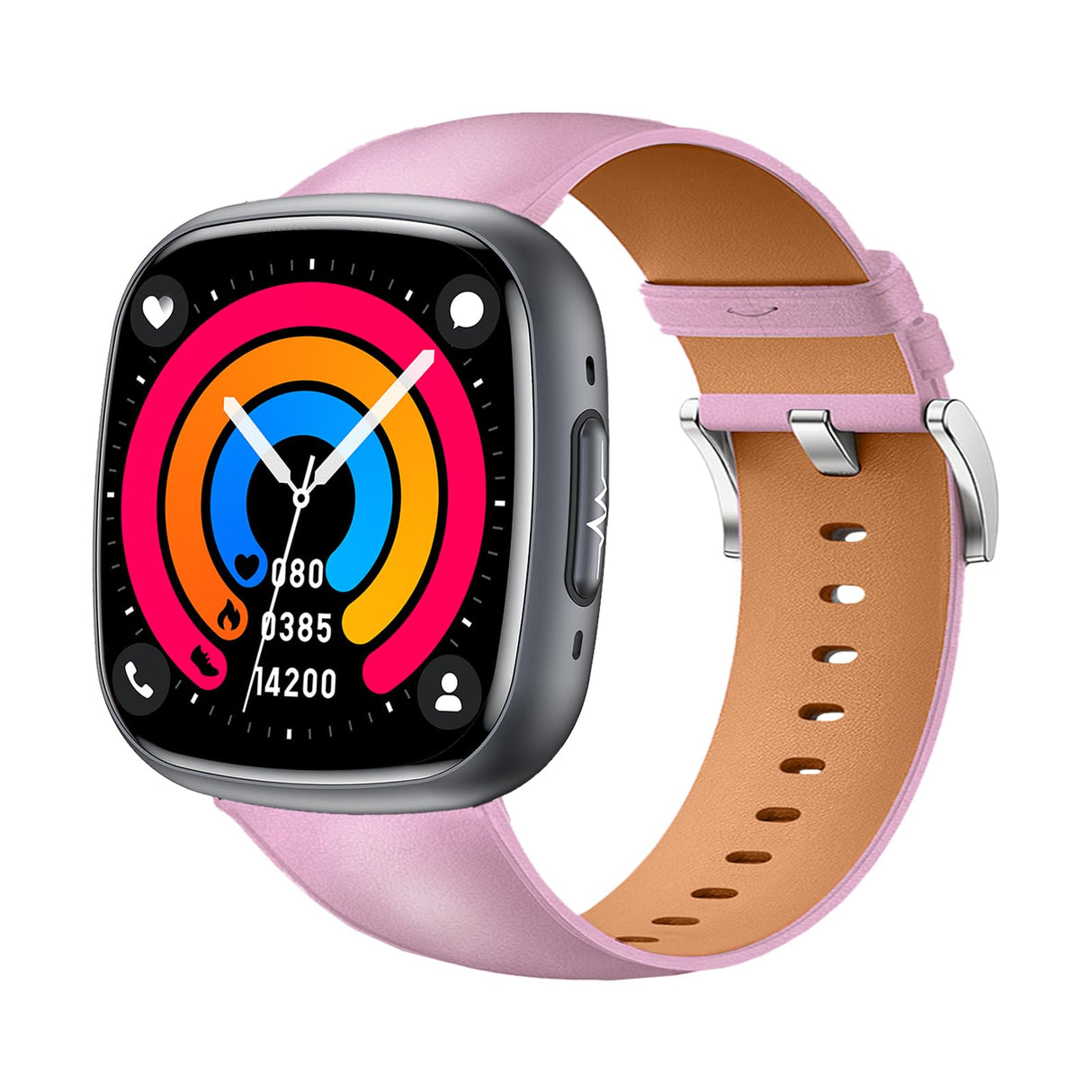 Knauermann Neo 2 (2025) - Negro Rectangular - Reloj de Salud Smartwatch - ECG - Función HRV - Bluetooth BT - Apnea del Sueño - Presión Arterial - Pulsera de Cuero de Vaca Rosa, Höhe: 42mm; Breite: