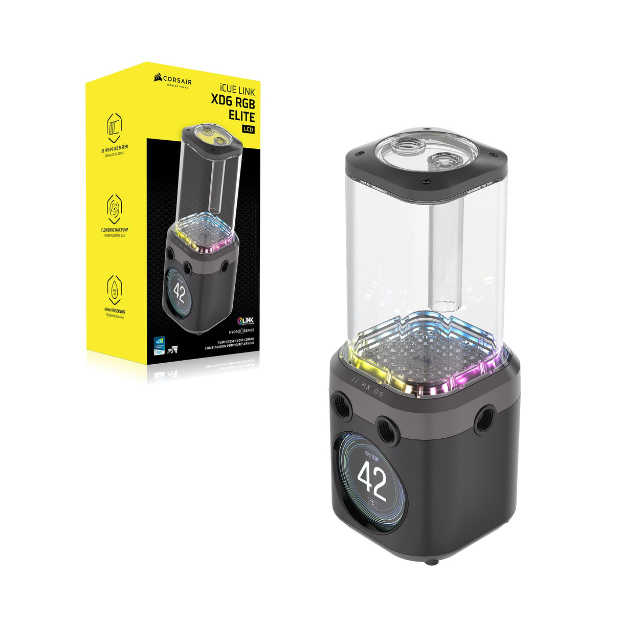 CORSAIR iCUE LINK XD6 RGB ELITE Unidad de Bomba/Depósito LCD – Bomba FlowDrive Max, Pantalla LCD IPS de 480x480, Sensor de Temperatura Integrado, 22 LED RGB Direccionables – Gris Sigilo