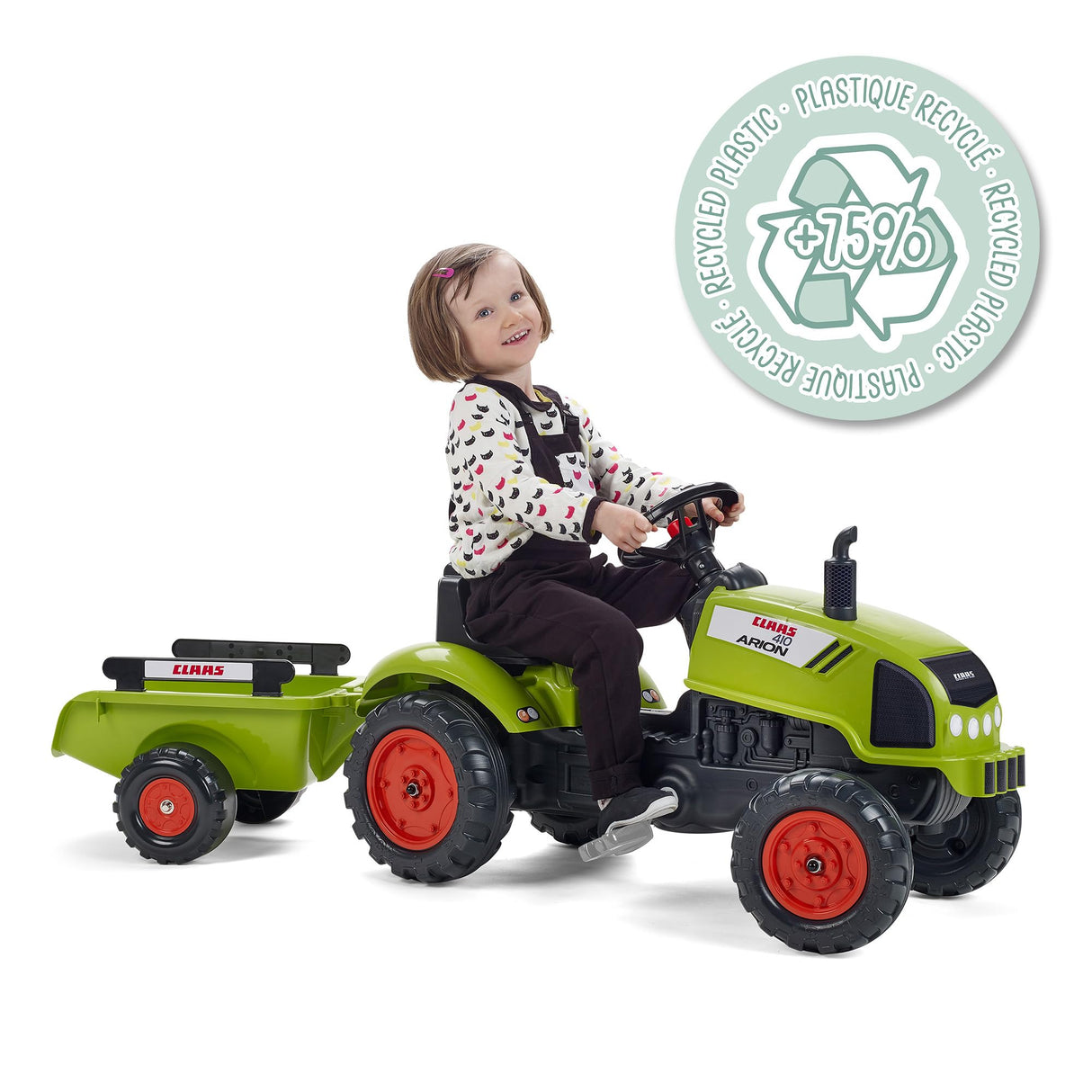 FALK - Tractor a Pedales Claas con Remolque, A Partir de 2 años, Volante con bocina, Verde Caqui (2041C)