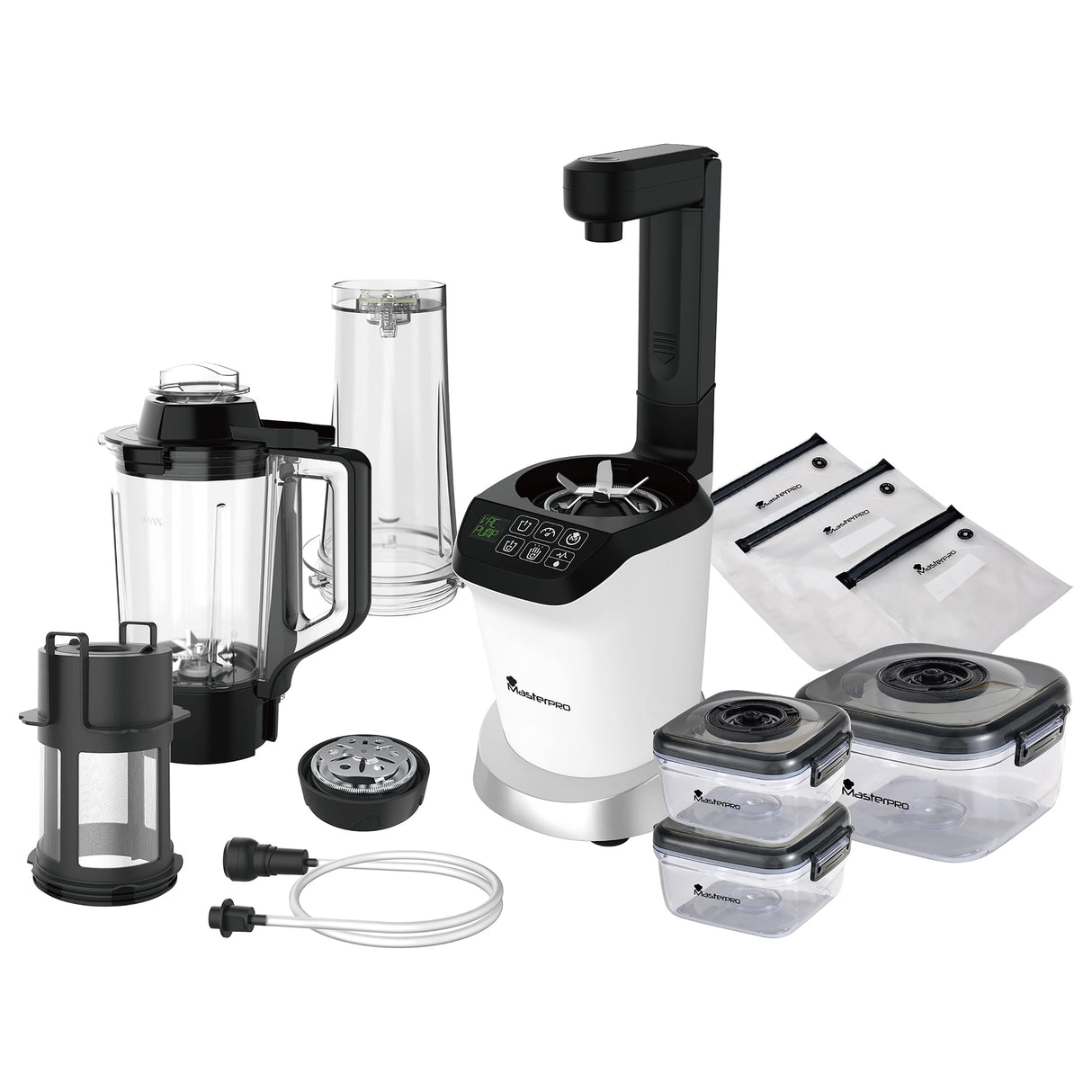 MasterPRO Trio Nutrimix - Kit Mezclador 3en1 - Juego de Batidora al Vacío - Panel Deluxe - Motor 127V hasta 20.000 RPM - Bomba De Vacío Desmontable - Jarra Calefactora Tritan 1,5L - Vaso Tritan 700ml