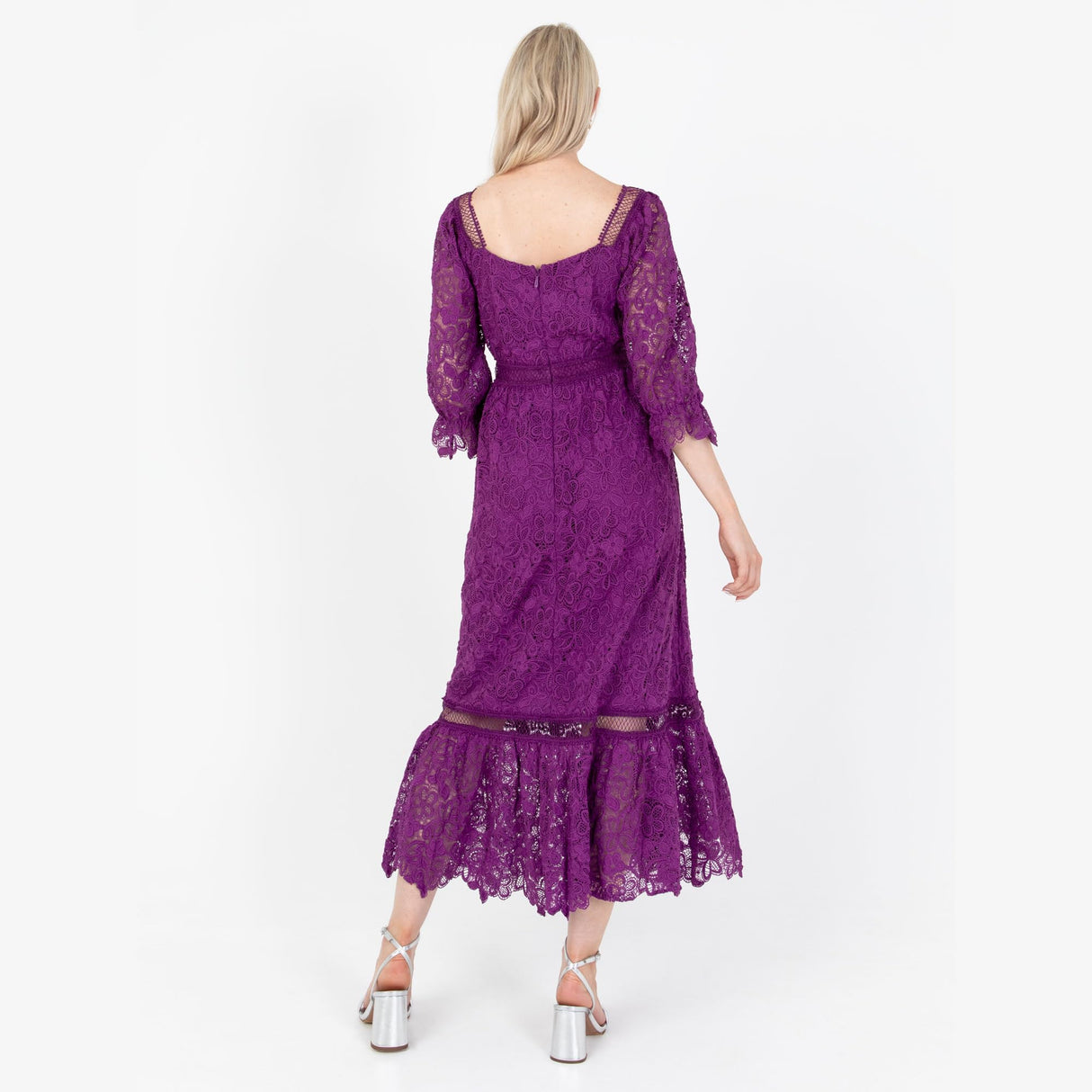 Lovedrobe Women's Midaxi Dress Ladies Lace Square Neckline Long Sleeve High Waist Empire A-Line for Wedding Guest Evening Occasion Vestido, Morado, 48 para Mujer