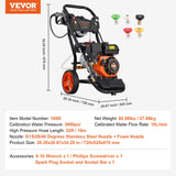 VEVOR Lavadora de Alta Presión a Gas Vertical 3950 PSI 2,6 GPM Limpiador de Alta Presión 10 L/min con Bomba de Cobre, Pistola Rociadora, Varilla de Extensión, 5 Boquillas para Casas, Vehículos