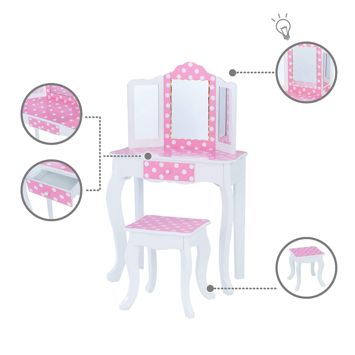 Fantasy Fields Teamson Kids Juego De Tocador Rosa con Espejo Y Luces Tocador Madera TD-11670FL