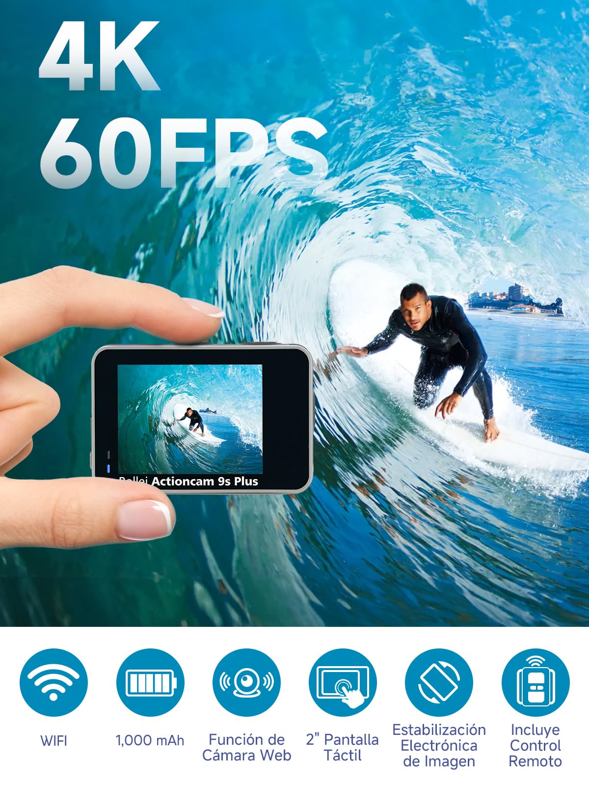 Cámara de Acción, Rollei Actioncam 9s Plus Cámara Deportiva 4K 60fps Estabilización Camara Subacuática Impermeable 40M con Sensor de 1/2,5 Pulgadas Pantalla Táctil con Accesorios para Deporte Buceo