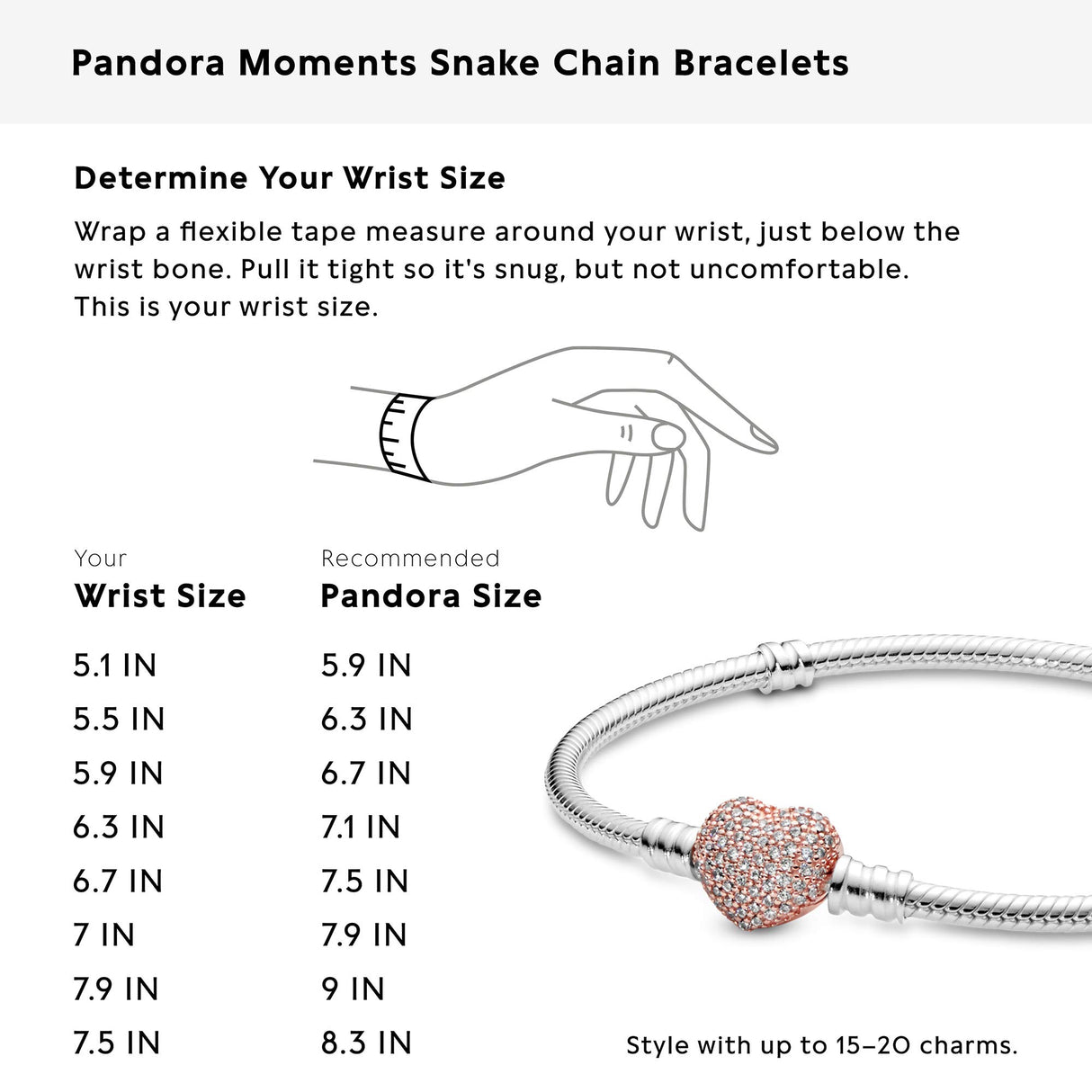 Pandora Icons Pulsera de plata con cadena de serpiente con cierre de corazón chapada en oro rosa de 14 quilates y circonitas cúbicas transparentes, 19