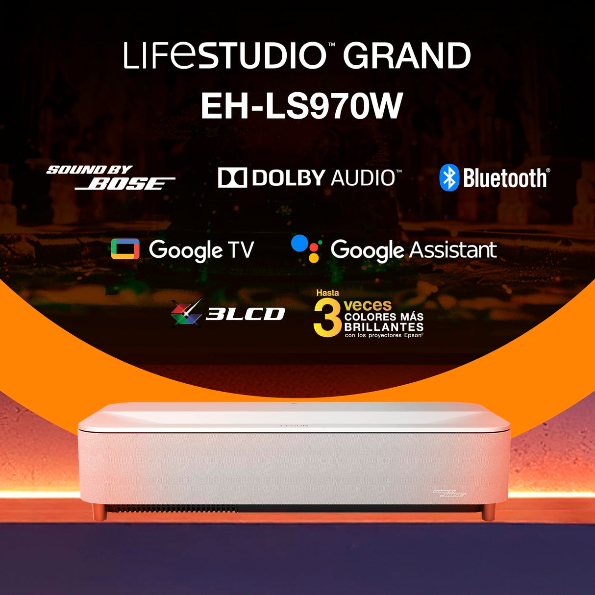 Epson Lifestudio Grand Plus EH‑LS970W | Proyector TV Láser de Ultracorto Alcance | Cine en Casa 4K | 4.000 Lúmenes | Imagen IA | Sonido BOSE | GoogleTV | Pantalla 150Pulgadas | Garantia5 Años | Blanco