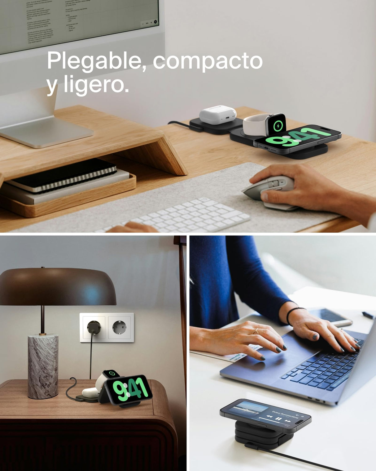 Belkin BoostCharge Pro Cargador inalámbrico Plegable 3 en 1 Qi2, Base de Carga magnética de Viaje 15 W, Soporte de Carga portátil con MagSafe para iPhone 16, 15, 14, Apple Watch 10 y AirPods