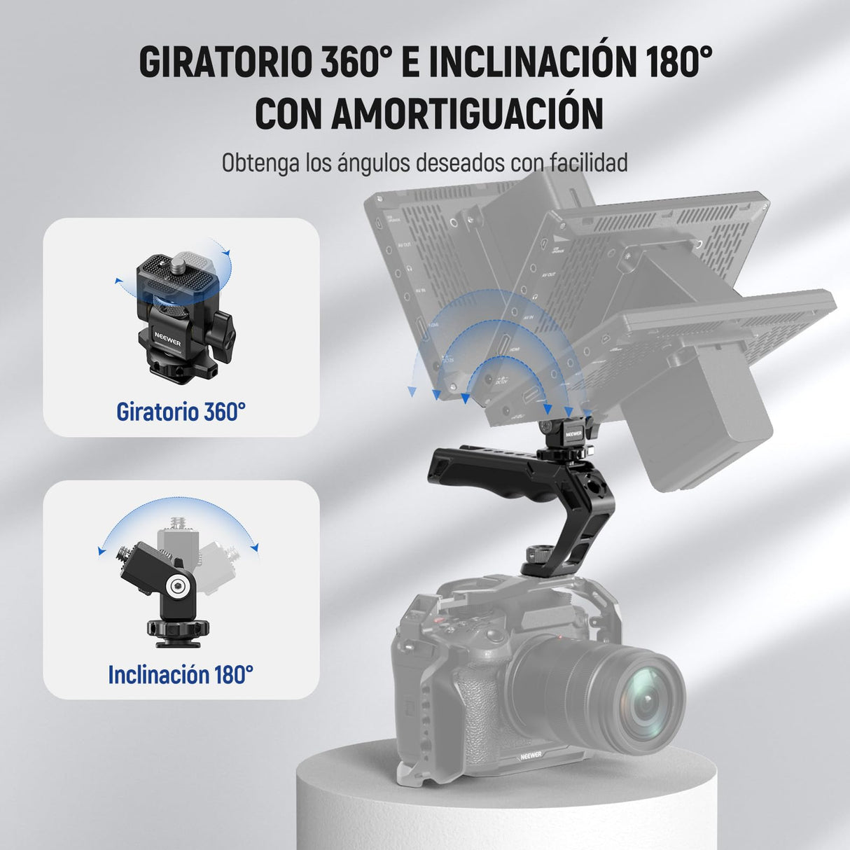 NEEWER Cámara Jaula Universal+Top Handle y Soporte Monitor Cold Shoe, Estabilizador Gimbal Cámara Tipo Arca, 2 Asas, 3/8" para ARRI, Rig Video Compatible con SmallRig Accesorios, CA016T+MA006