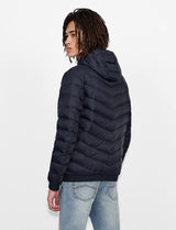 Armani Exchange Chaqueta Acolchada con Capucha y Cremallera, Logotipo de Milano/New York, Azul Marino/Gris Jaspeado, L para Hombre