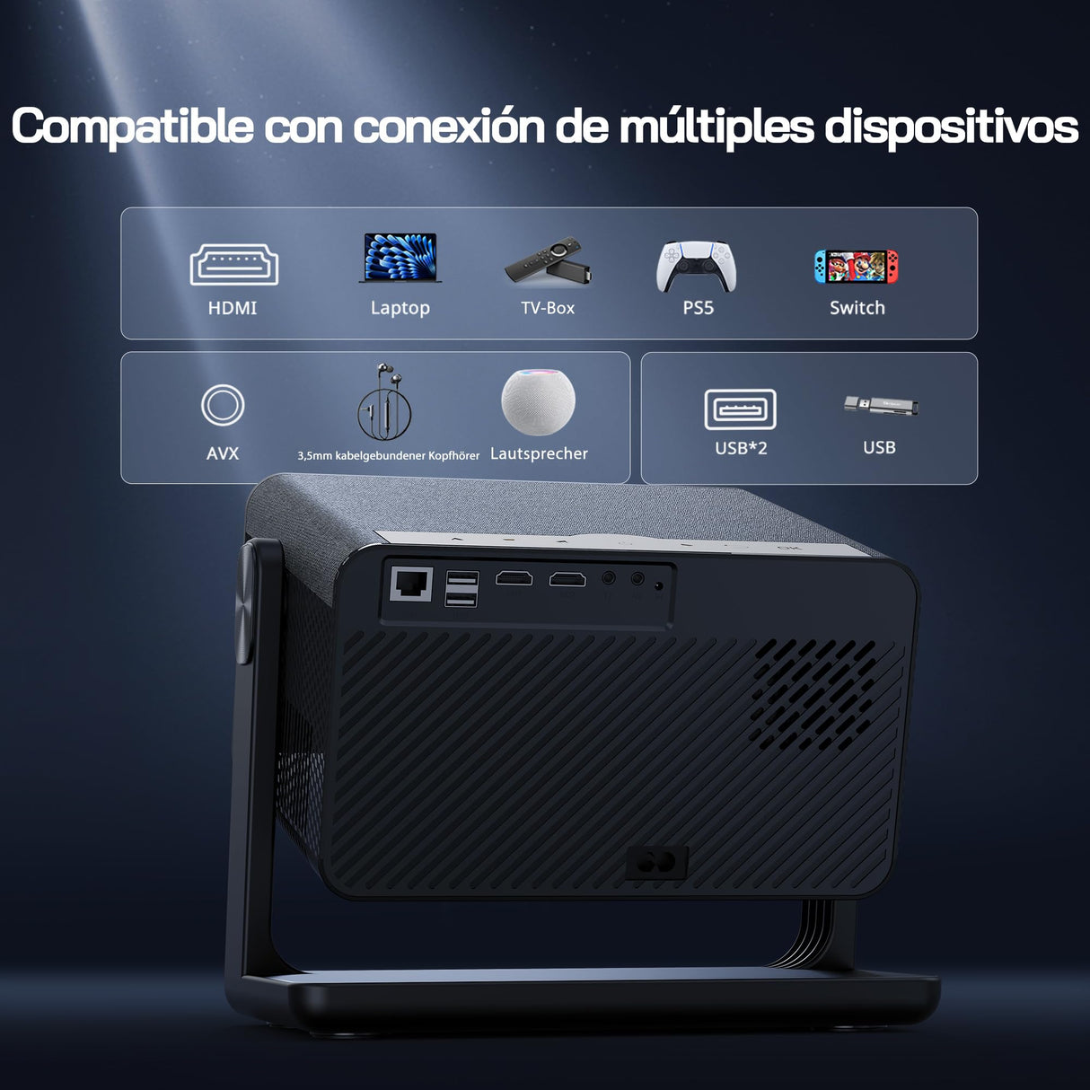 WOLFANG 28000 Lúmenes Proyector Portátil 【Netflix Oficial & Autofocus/Keystone】, Mini Proyector 4K con Bluetooth 5.2 y WiFi 6, Proyector Inteligente con Soporte de 180° para Pantalla de 300"