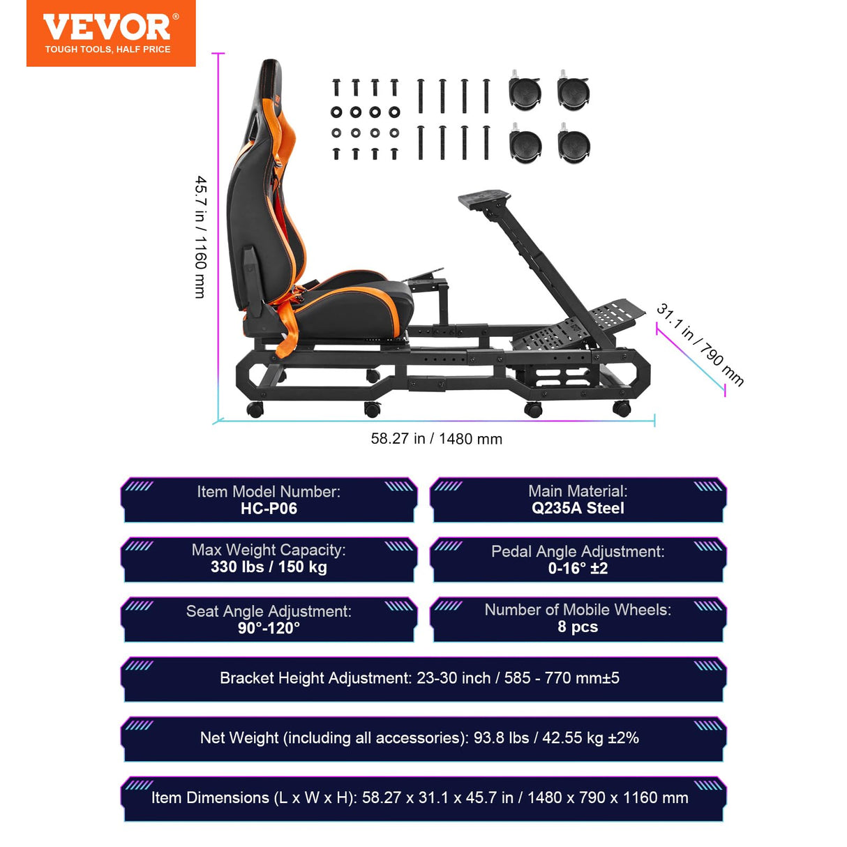 VEVOR Soporte para Volante de Carreras con Ruedas para Logitech G923/G920/G29, Cabina de Simulador de Conducción de Acero Resistente, Pedal Ajustables, Carga Máxima de 150 kg, 1480 x 790 x 1160 mm