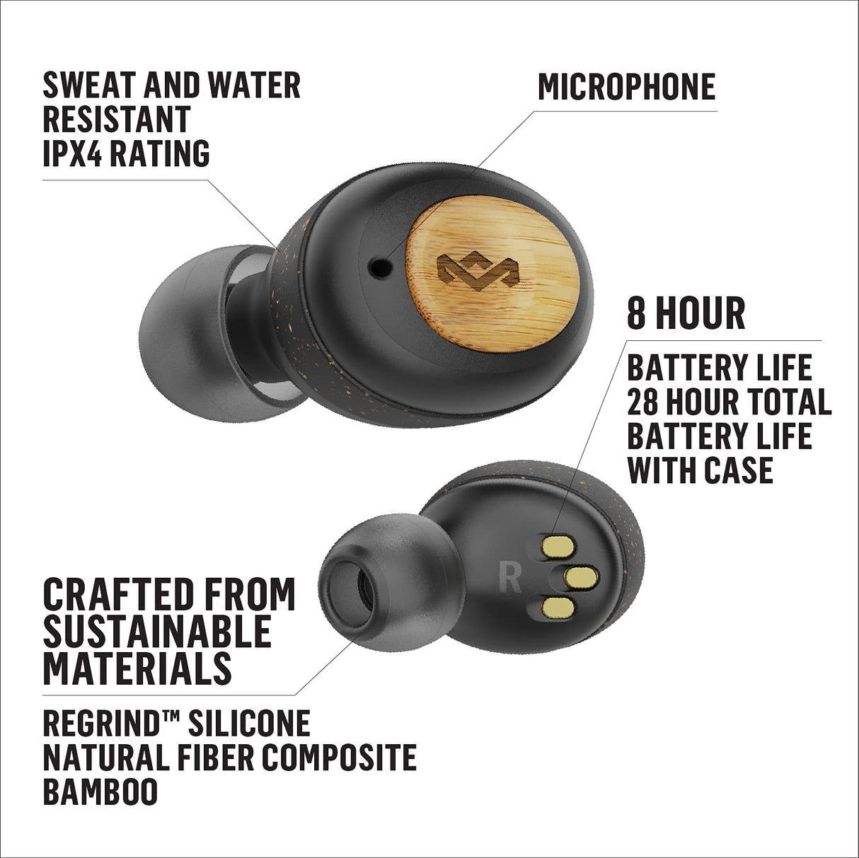 Marley House of Champion True - Auriculares compactos con Bluetooth 5.0 (hasta 28 Horas de Tiempo de Juego, Incluye cómodos geles para los oídos, diseño de bambú ecológico) Color Negro