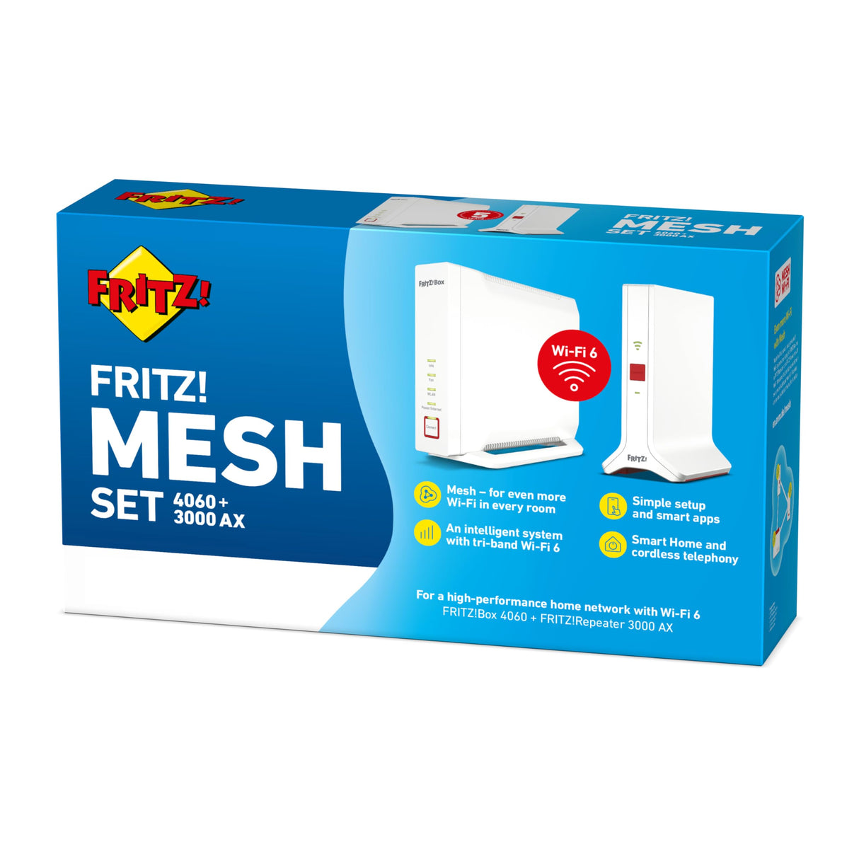 FRITZ!Mesh Set Internacional (FRITZ!Box 4060 y FRITZ!Repeater 3000 AX), WiFi 6 Tribanda con hasta 6 Gbps (2.400 Mbps + 2.400 Mbps + 1.200 Mbps), 2,5 WAN Gigabit, Interfaz en Español