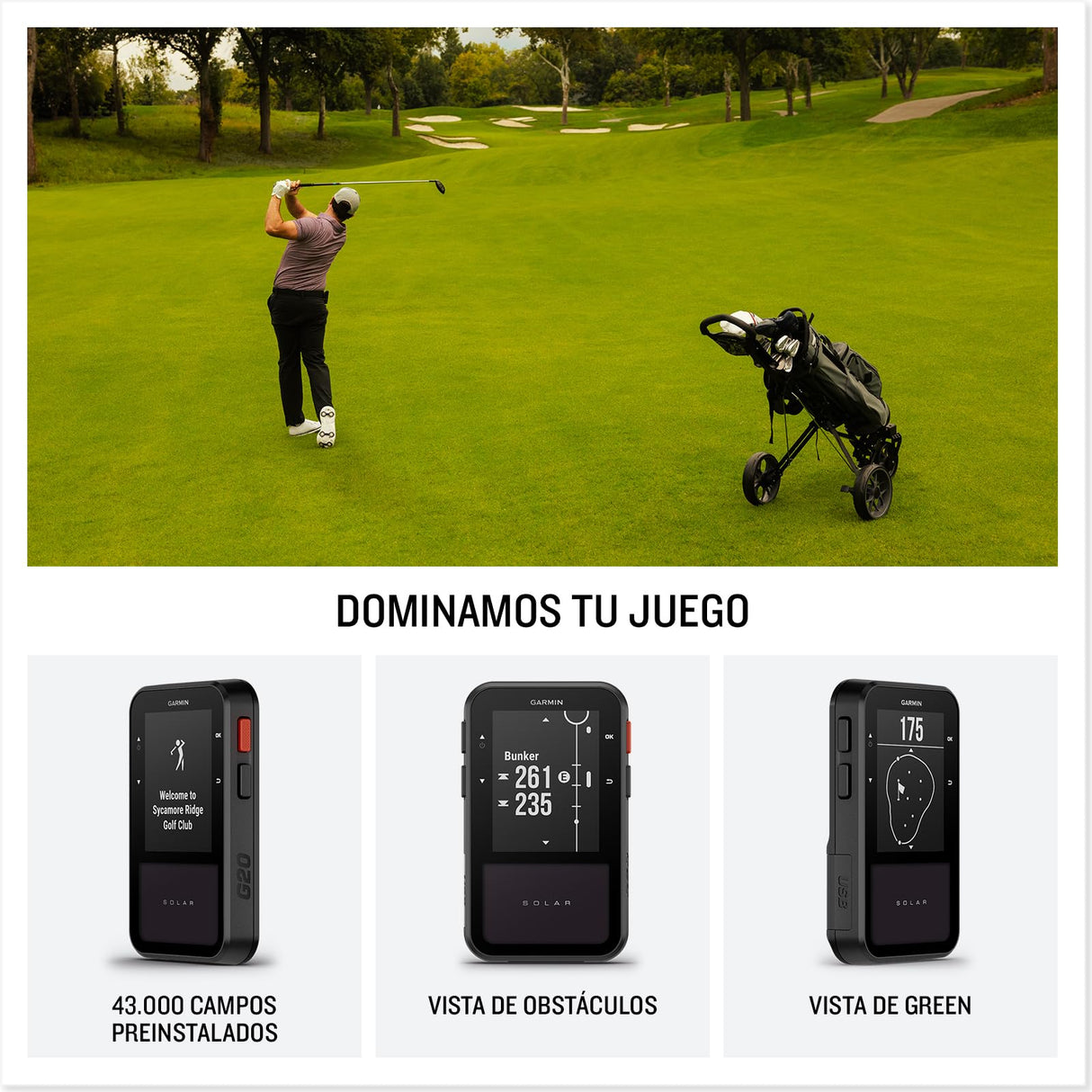 Garmin Approach G20, GPS de Golf de Mano, 43.000 Campos de Golf preinstalados, Pantalla de 2,2'', Distancia a peligros y Doglegs, Duración ilimitada de la batería en Condiciones soleadas