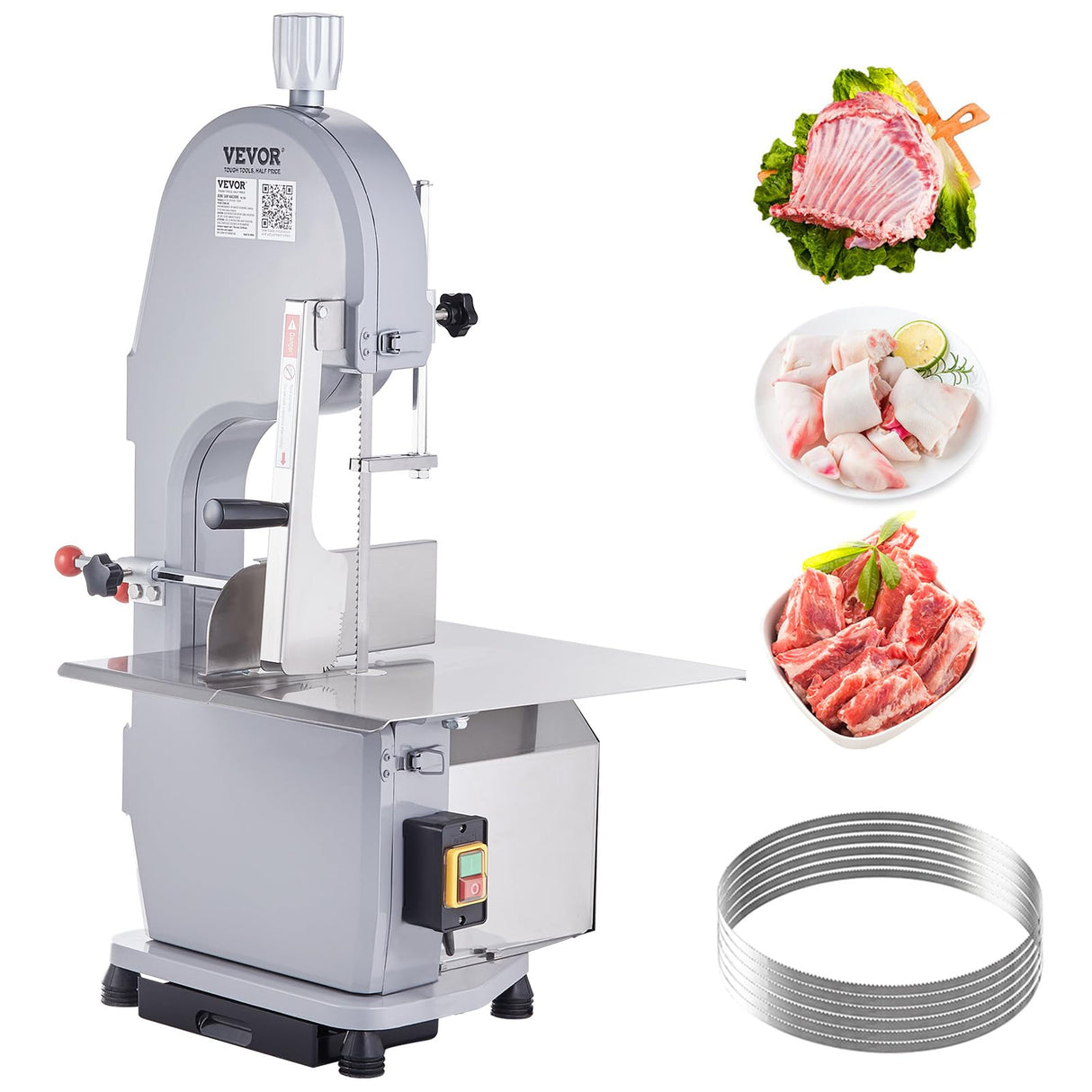 VEVOR Sierra Eléctrica Comercial para Huesos de Carnicero Sierra de Cinta para Huesos 1500 W 300 kg/h Sierra Eléctrica para Carne y Huesos Congelados Mesa 490x380 mm Espesor 4-200 mm para Restaurante