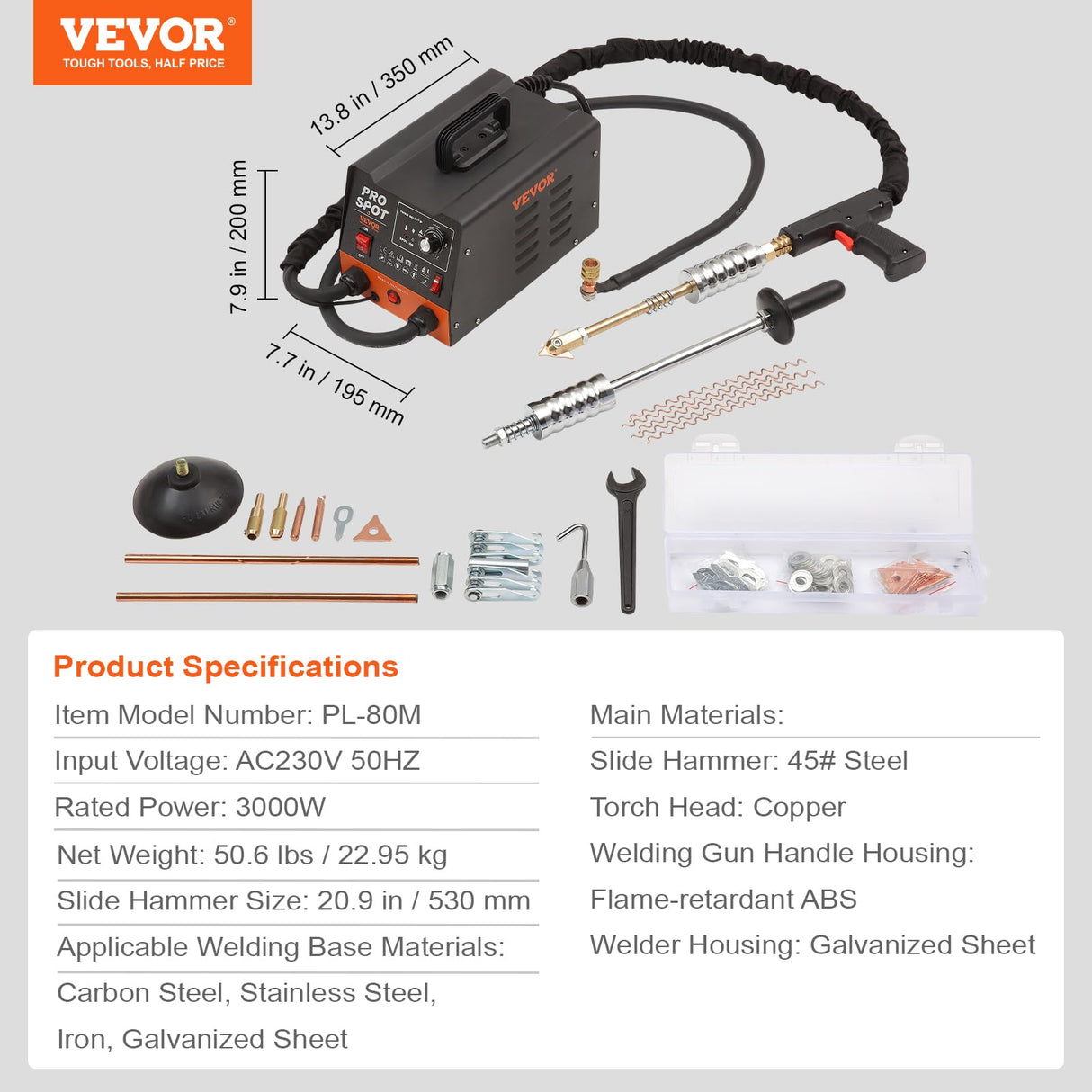 VEVOR Extractor de Clavos para Carrocería 3kW Soldador por Puntos 6 Modos de Soldadura Herramienta de Reparación de Abolladuras de Carrocería 16 Accesorios para Eliminación de Abolladuras de Vehículos