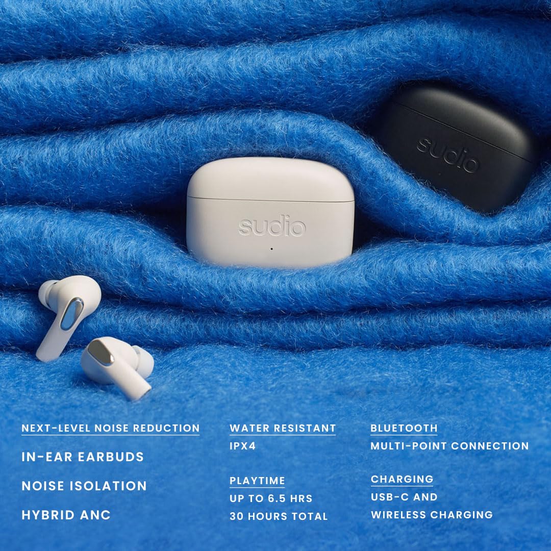 Sudio E3 White, in Ear, True Wireless, Splash Proof, IPX4, Bluetooth v5.3, USB-C, 6 h de Tiempo de reproducción