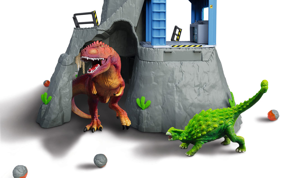Schleich Dinosaurs 42564 — Set Campamento Base de Expedición con Dinosaurios de Juguetes — Incluye Volcán en Erupción LED, Exploradores y 2 Figuras de Dinosaurios — Juguetes para Niños 5 Años o Más