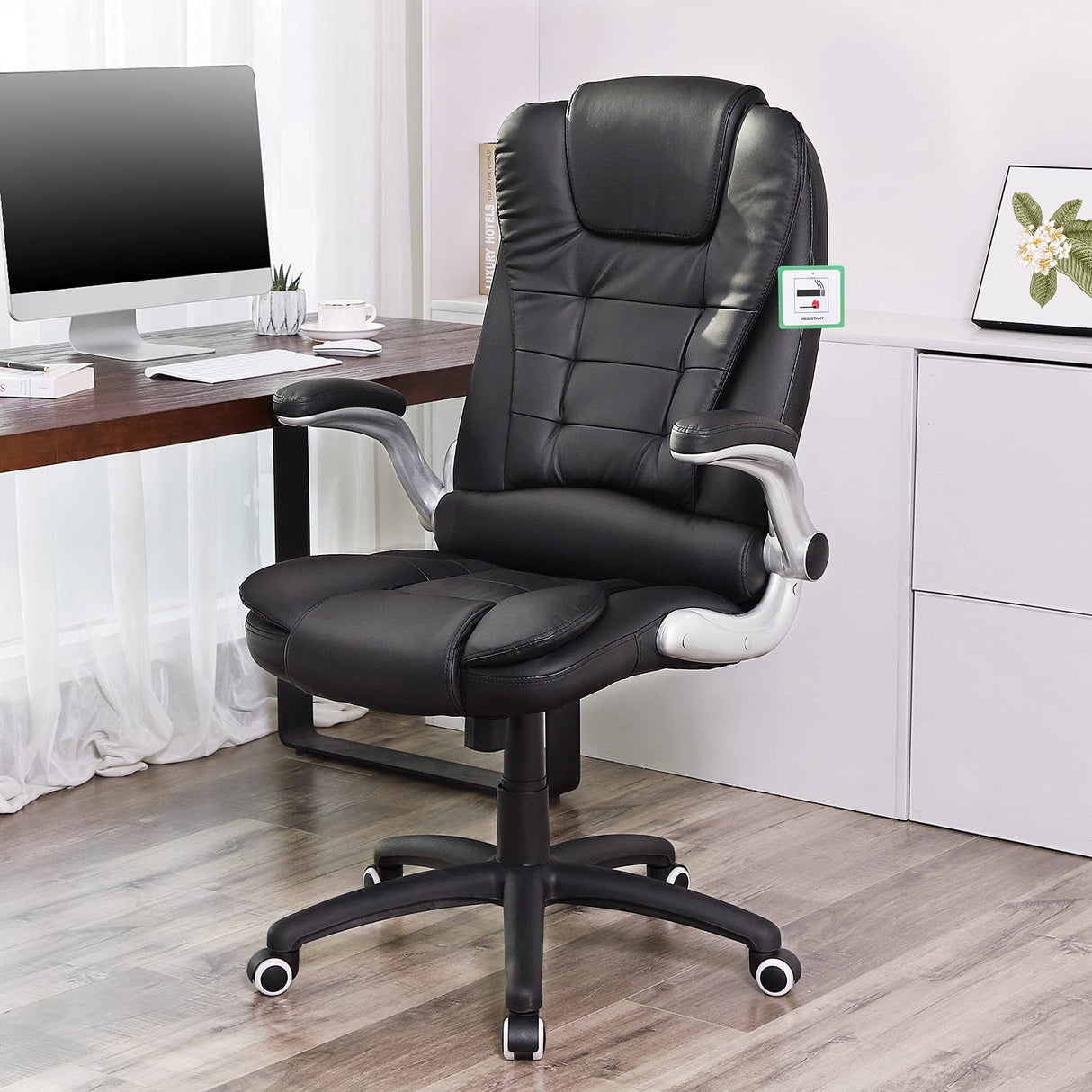 SONGMICS Silla de Oficina con Respaldo Alto, Reposacabezas y Asiento Gruesos, Reposabrazos Elevables, Silla Giratoria Ergonómica, Negro OBG51B