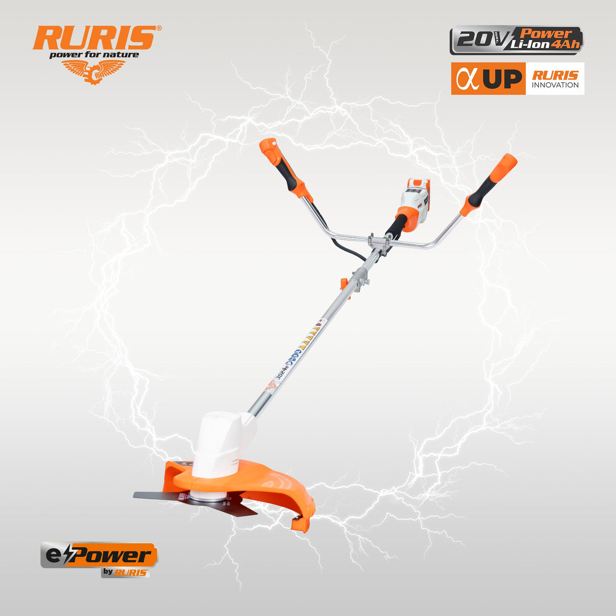 RURIS - Desbrozadora con batería 3024e - Motor sin escobillas - Ancho de Corte 300 mm (Alambre) / 255 mm (Hoja), Asas ergonómicas, batería de 20 V Li-Ion 4 Ah y Cargador Incluido