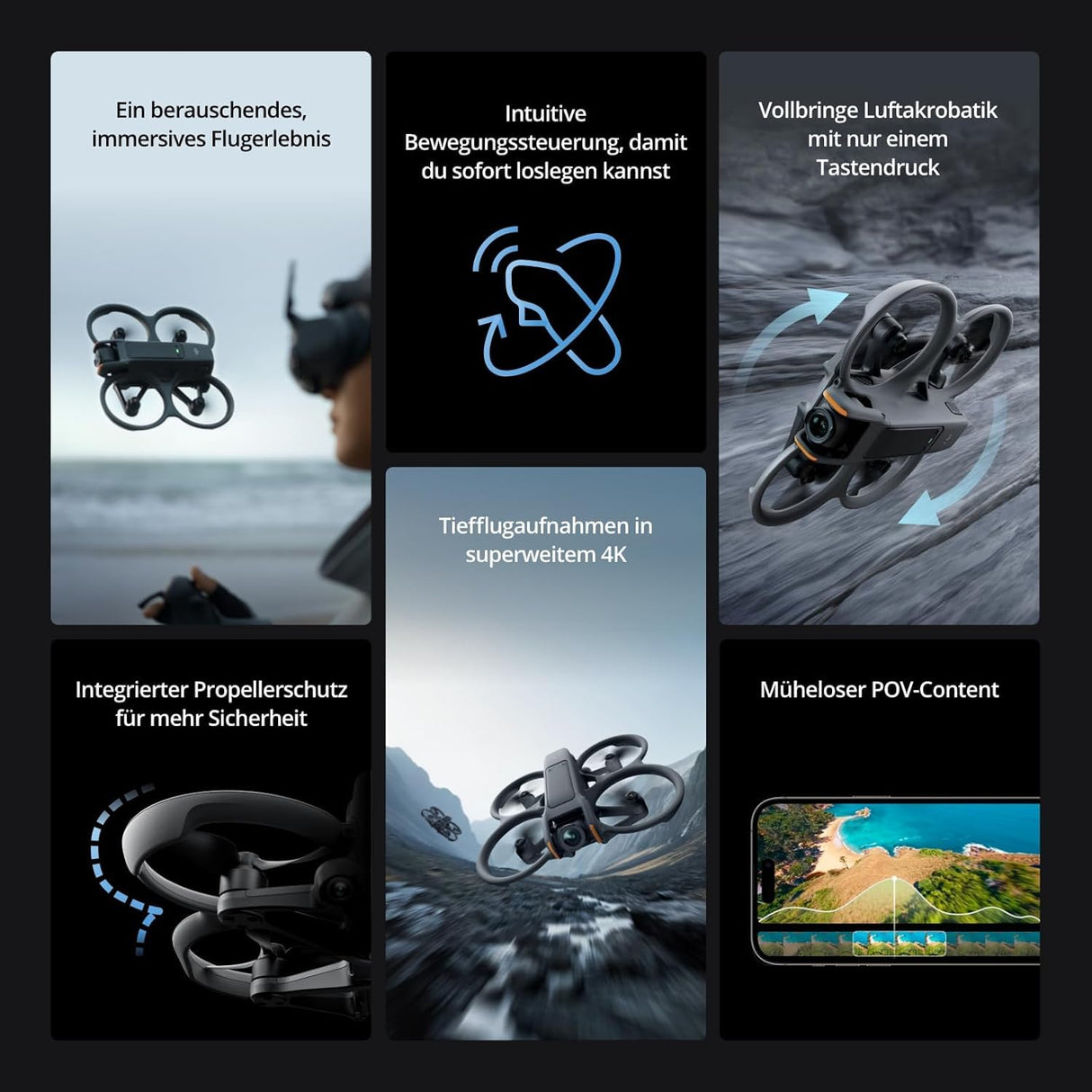 DJI Avata 2 Fly More Combo (1 batería) Bundle, Drone FPV con cámara, con protección de la hélice, voltea/rueda con sólo pulsar un botón, drone con cámara de contenidos POV, incl Goggles 3y RC Motion 3