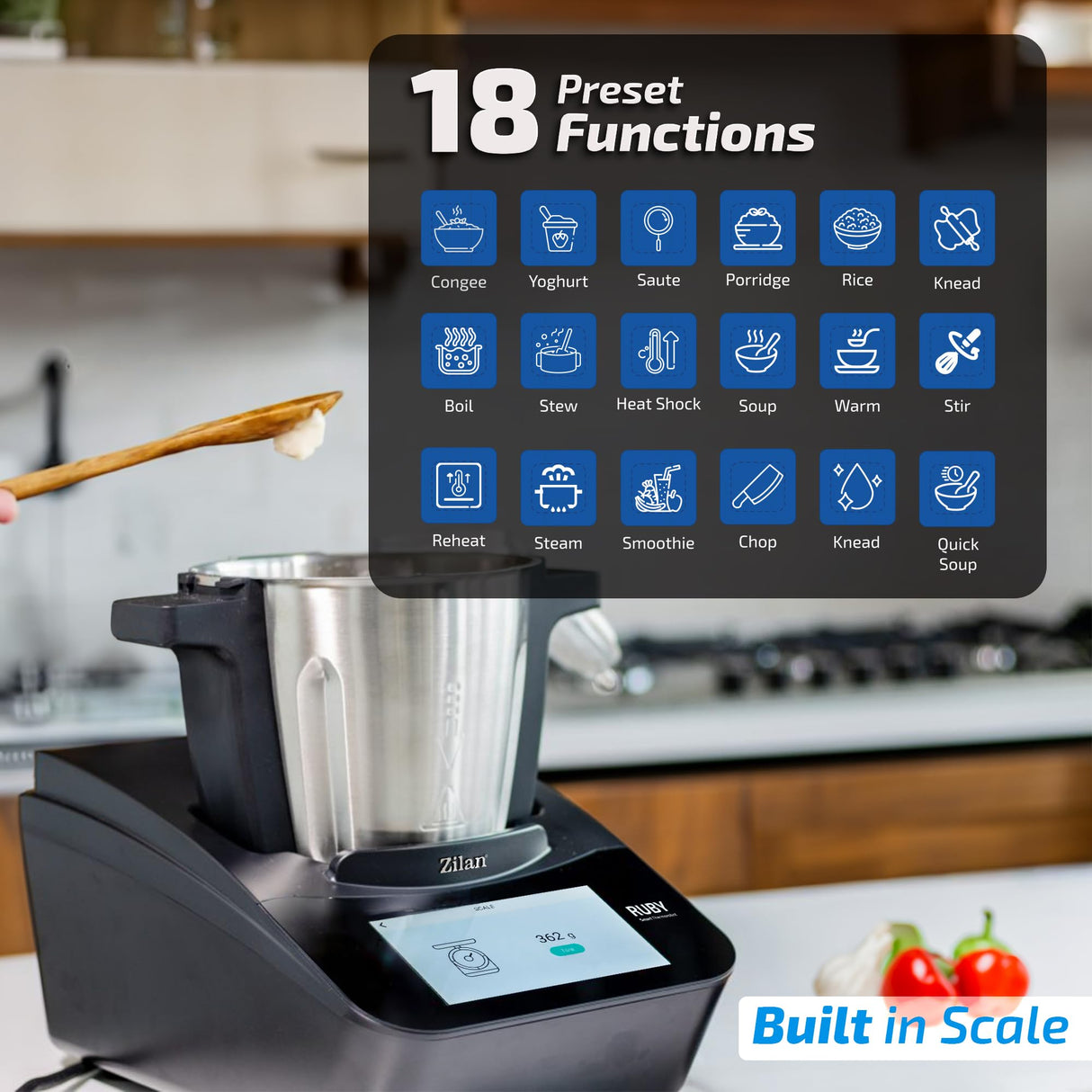 Zilan RUBY Thermorobot, Robot de Cocina Multifunción Wi-Fi, 18 Funciones, pantalla táctil TFT a color de 7", Báscula integradar, control mediante aplicación, 4,7 L,1700W