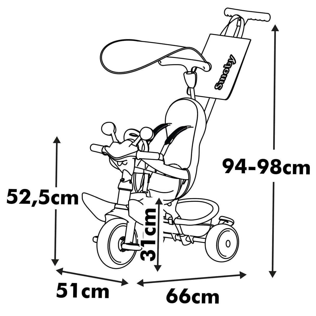 Smoby Triciclo Baby Driver Confort Rosa 3 en 1 Progresivo para Niños a Partir de 10 Meses, con Parasol Anti-UV, Volante con Claxon y Ruedas Silenciosas (7600741504)