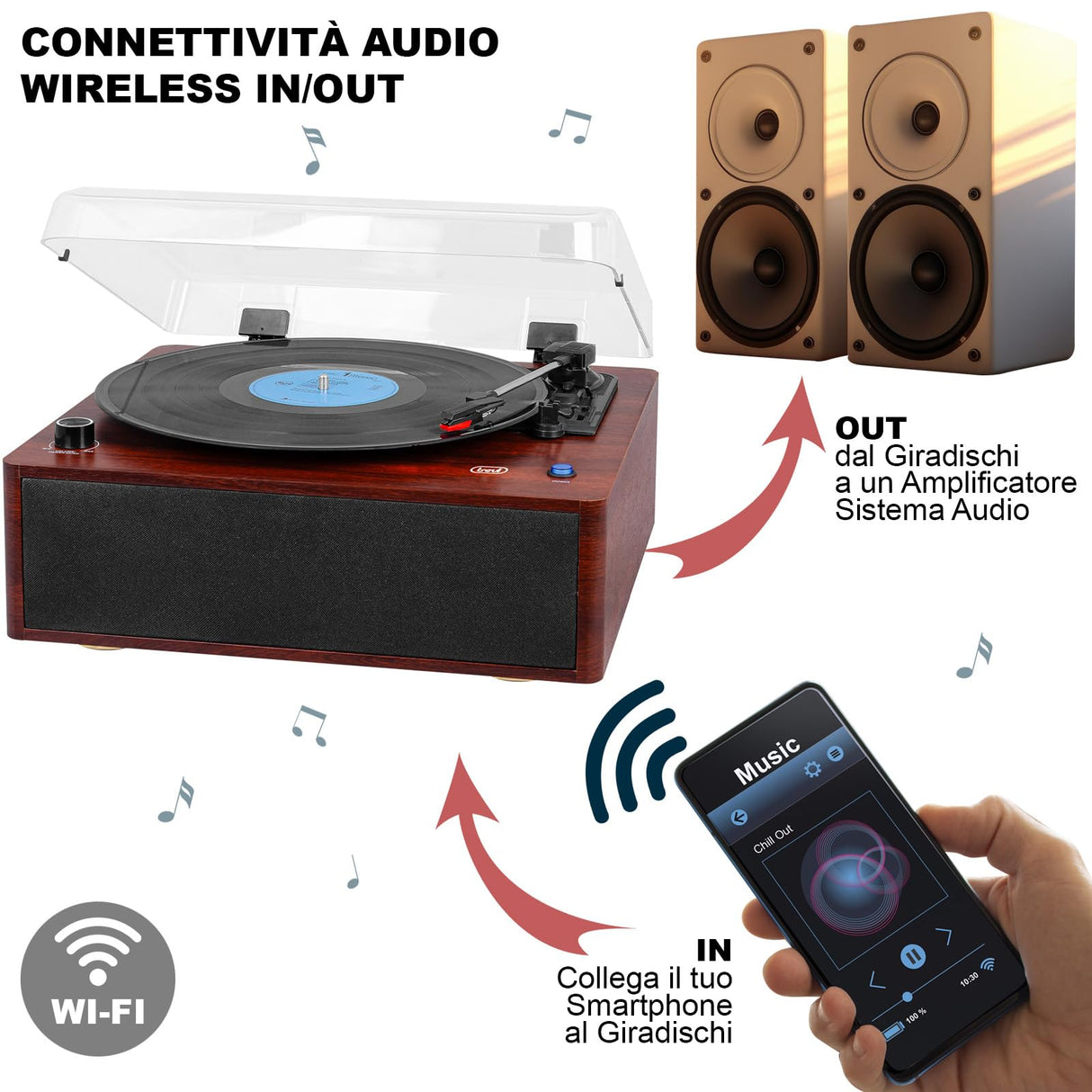 Trevi TT 1030 BT Tocadiscos con Mueble de Madera, conexión Audio inalámbrica Entrada/Salida, Reproductor de vinilos 33/45/78 RPM, Salida RCA, Altavoces incorporados