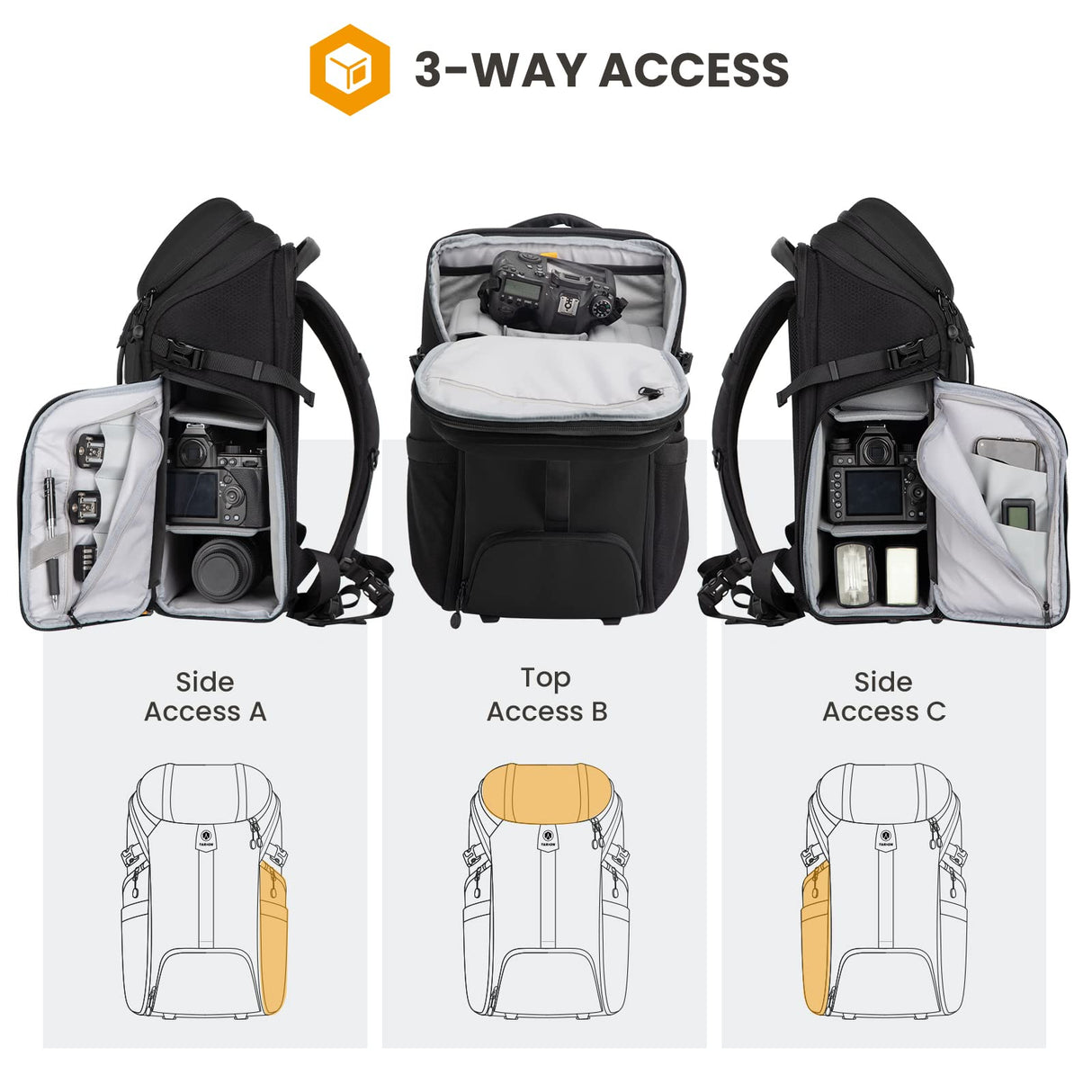 TARION Mochila para cámara - Mochila impermeable para cámara Mochila para cámara Mochila grande para fotografía Acceso lateral con compartimento para computadora portátil de 15,6 pulgadas