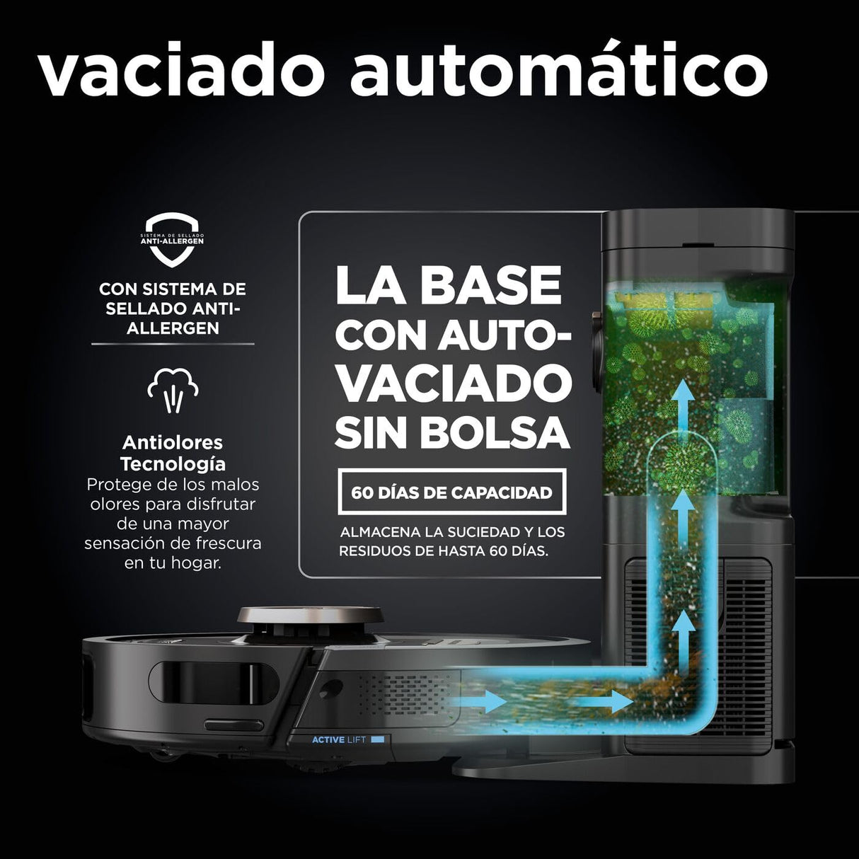 Shark PowerDetect Robot Aspirador, Vaciado automático, navegación 3D y LiDAR, Base antialérgenos, tecnología NeverStuck, para alfombras, Suelos y Pelo de Mascotas, WiFi/App, Negro, RV2820VEEU