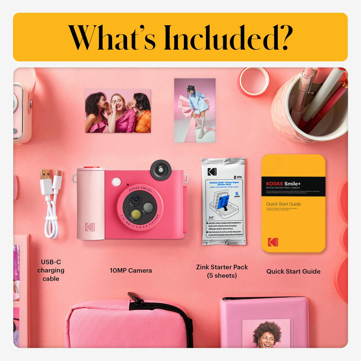 KODAK Smile+ Cámara Digital instantánea 2-en-1 y Impresora Bluetooth - 10MP, Lente giratoria con Efectos, Fotos Adhesivas Zink 2x3”, Imprime Desde App en Dispositivos Inteligentes - Fucsia