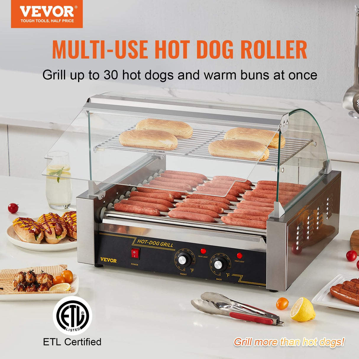 VEVOR Máquina de Rodillos para Perros Calientes de 56,2 x 47,5 x 44,2 cm con una Parrilla de Acero Inoxidable de Calidad Comercial, 50 °C-250 °C, 2,2 kW, para Puestos de Comida, Fiestas y Barbacoas