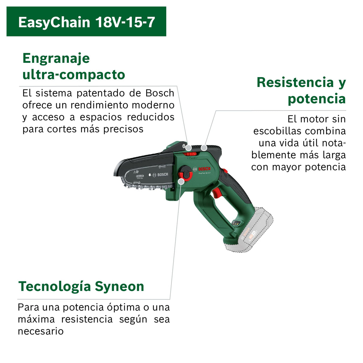 Bosch Mini Motosierra a Batería EasyChain 18V-15-7 (Para cortar madera; sistema de 18 voltios; velocidad de la cadena: 6,95 m/s; con batería de 2,5 Ah y cargador)