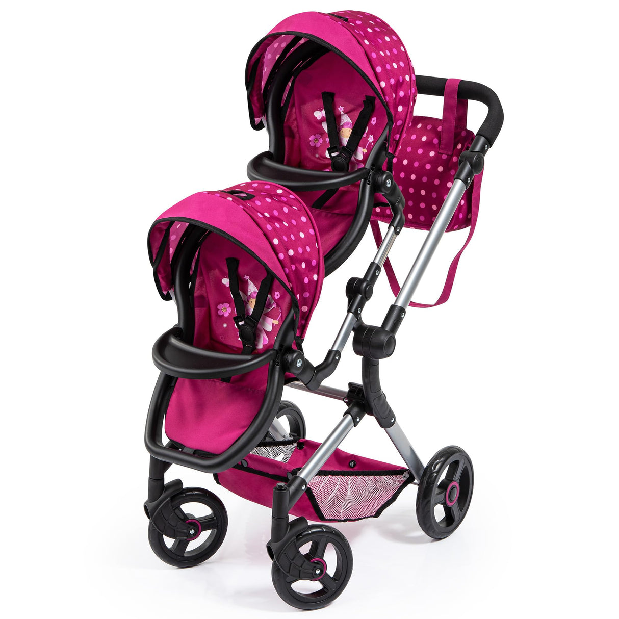 Bayer Design 26267AA Cochecito de Muñeca Gemelas, Carrito Paseo para muñecos, Ajustable en Altura, Plegable, con la Bolsa de Bandolera, Compatible con Silla de Coche EasyGo