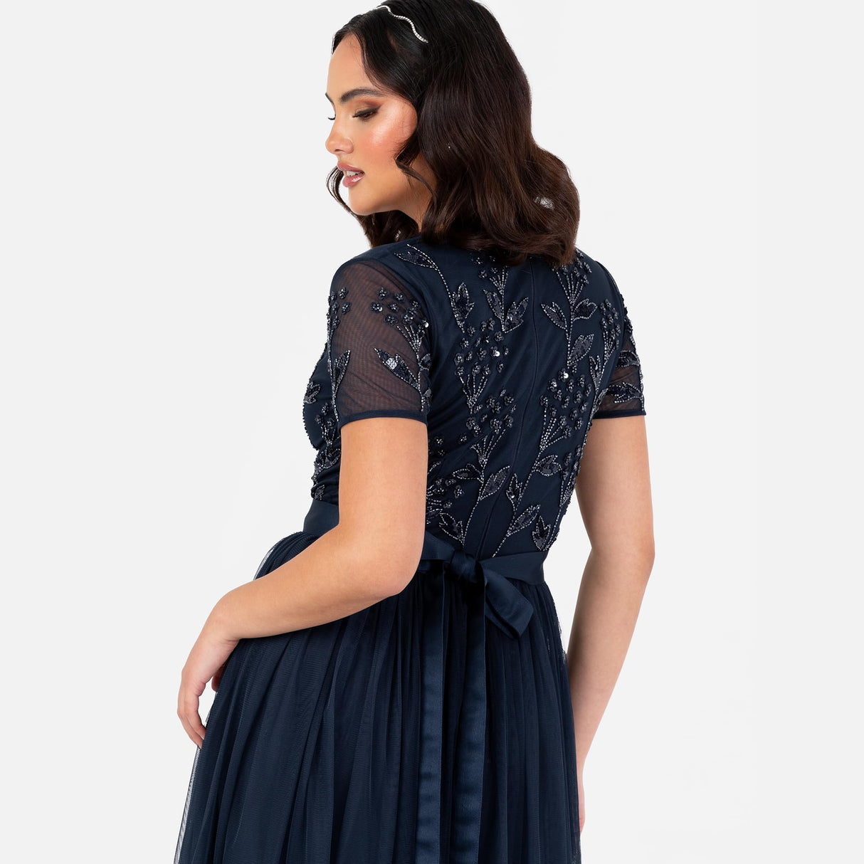 Maya Deluxe Women's Maxi Dress Ladies Floral Sequin Embellished V-Neck Short Sleeve Tulle Sash Tie Belt Empire A-Line Bridesmaid, Navy Blue, 52