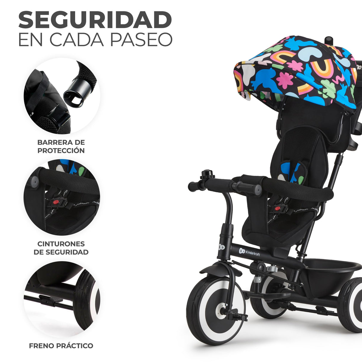 Kinderkraft Aston Triciclo Evolutivo, Bicicleta Sin Pedales, Bicicleta Bebe, para Niños, Cinturón, con Accesorios, Portavasos, Cesta, 9 Meses a 25 kg, Happy Shapes