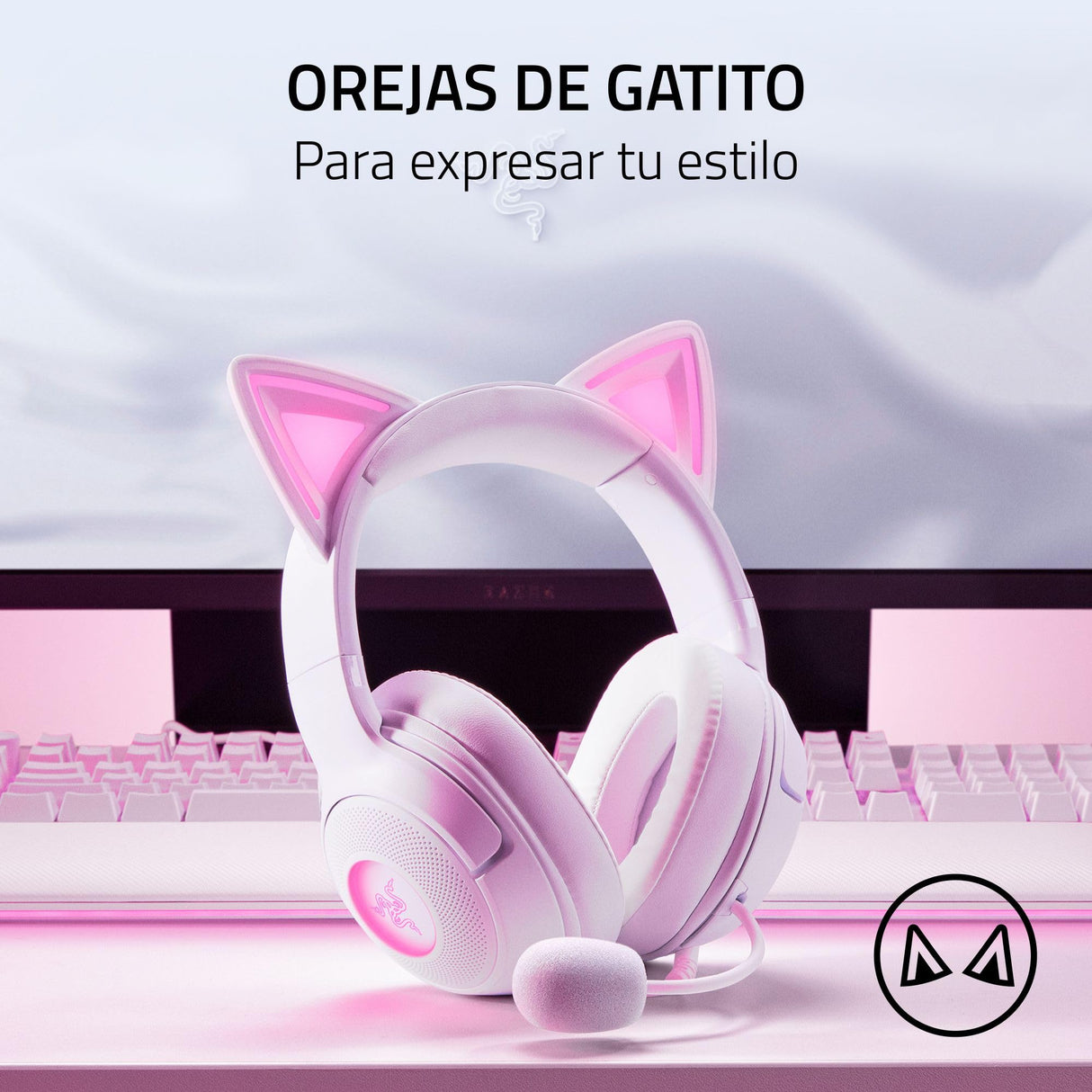 Razer Kraken Kitty V2 - Auriculares RGB con Cable y Kitty Ears para Juegos y Streaming (325 g, transductores Triforce de 40 mm, micrófono cardioide HyperClear, Sonido Envolvente) Blanco