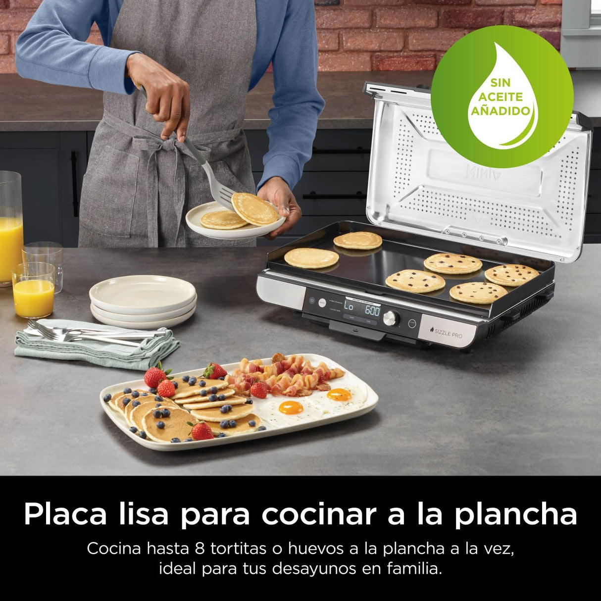 Ninja Sizzle Pro XL Parrilla y plancha para interior, con placa de parrilla y plancha cerámicas antiadherentes, tapa desmontable, recogegrasas y guía de recetas, color plateado/negro GX101EU
