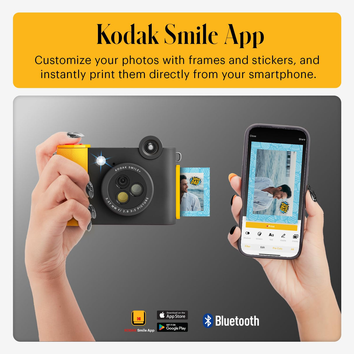 KODAK Smile+ Cámara Digital instantánea 2-en-1 y Impresora Bluetooth - 10MP, Lente giratoria con Efectos, Fotos Adhesivas Zink 2x3”, Imprime Desde App en Dispositivos Inteligentes - Negro